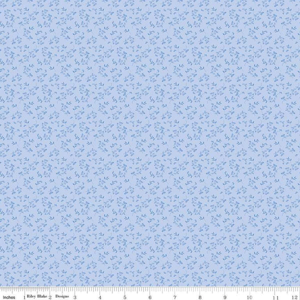 Image of Penelope Mini Stems Sky quilting cotton fabric by My Mind&#39;s Eye for Riley Blake Designs. Features flowers on a blue background. Cute Little Fabric Shop