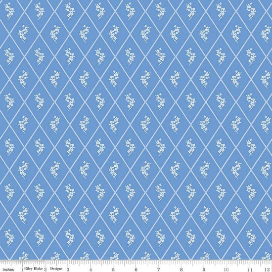 Image of Penelope Diamonds Blue quilting cotton fabric by My Mind's Eye for Riley Blake Designs. Features diamonds on a blue background. Cute Little Fabric Shop
