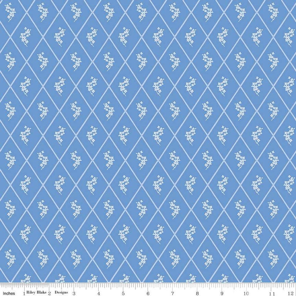Image of Penelope Diamonds Blue quilting cotton fabric by My Mind's Eye for Riley Blake Designs. Features diamonds on a blue background. Cute Little Fabric Shop