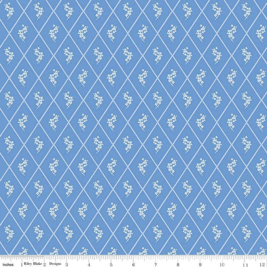 Image of Penelope Diamonds Blue quilting cotton fabric by My Mind's Eye for Riley Blake Designs. Features diamonds on a blue background. Cute Little Fabric Shop