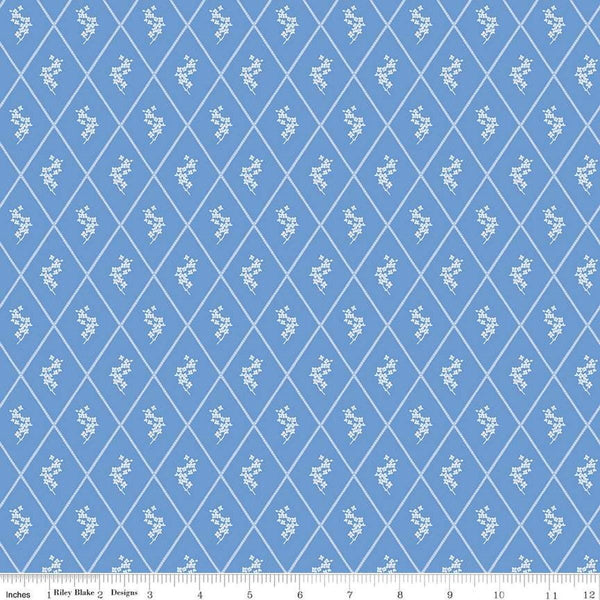 Image of Penelope Diamonds Blue quilting cotton fabric by My Mind&#39;s Eye for Riley Blake Designs. Features diamonds on a blue background. Cute Little Fabric Shop