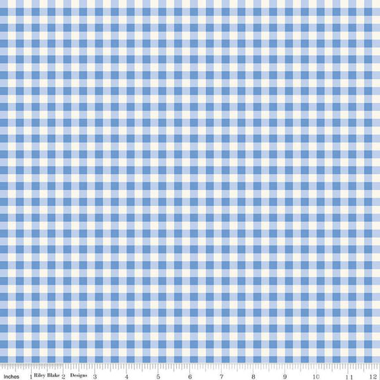 Image of Penelope Gingham Cream quilting cotton fabric by My Mind's Eye for Riley Blake Designs. Features plaid on a blue background. Cute Little Fabric Shop