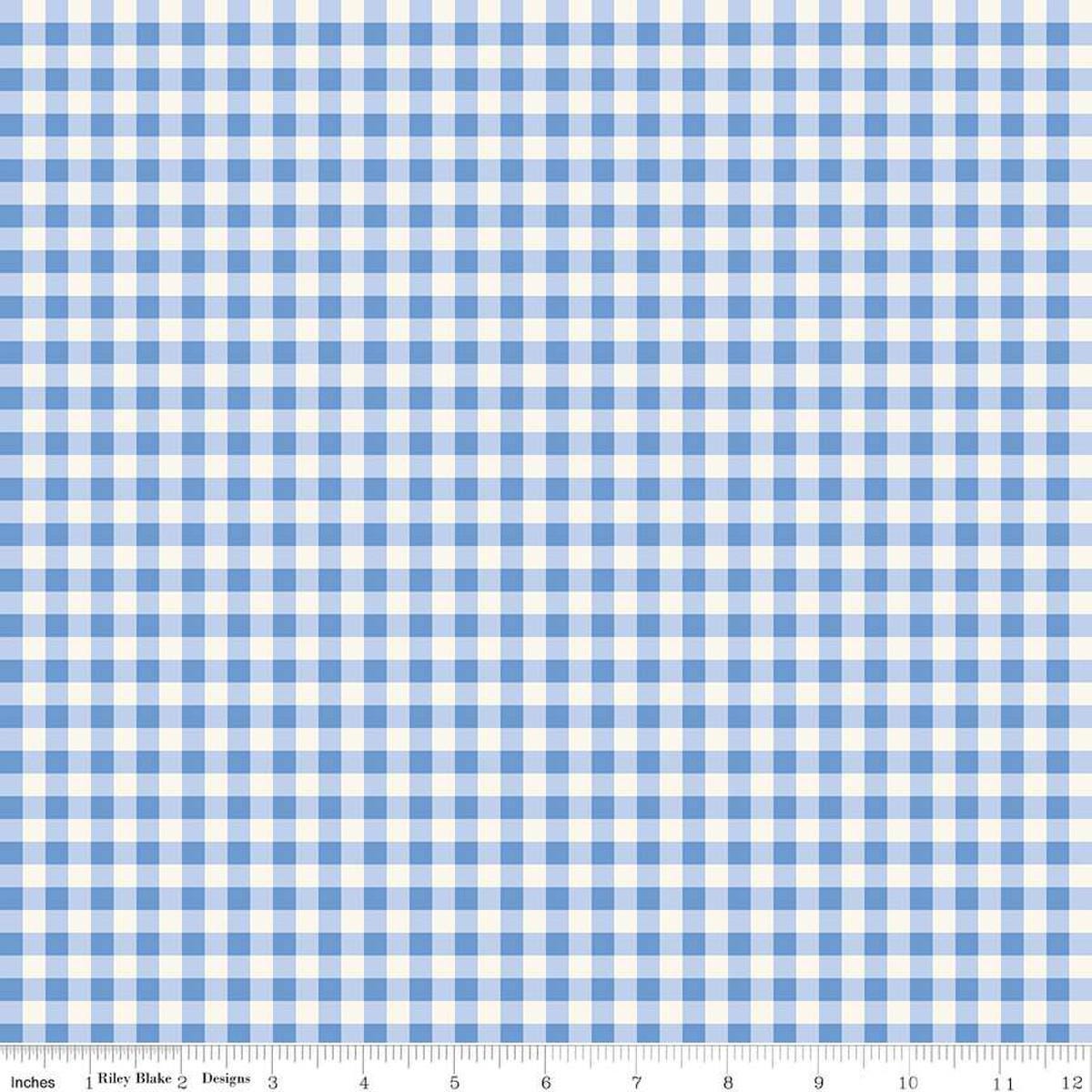 Image of Penelope Gingham Cream quilting cotton fabric by My Mind's Eye for Riley Blake Designs. Features plaid on a blue background. Cute Little Fabric Shop