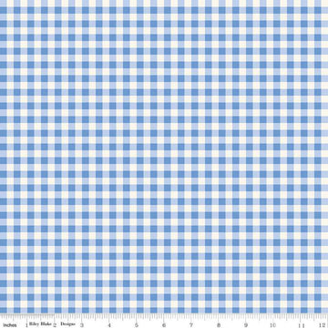 Image of Penelope Gingham Cream quilting cotton fabric by My Mind's Eye for Riley Blake Designs. Features plaid on a blue background. Cute Little Fabric Shop