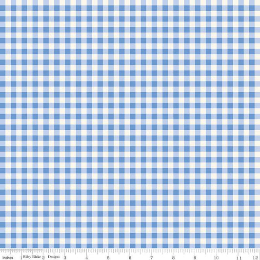 Image of Penelope Gingham Cream quilting cotton fabric by My Mind's Eye for Riley Blake Designs. Features plaid on a blue background. Cute Little Fabric Shop