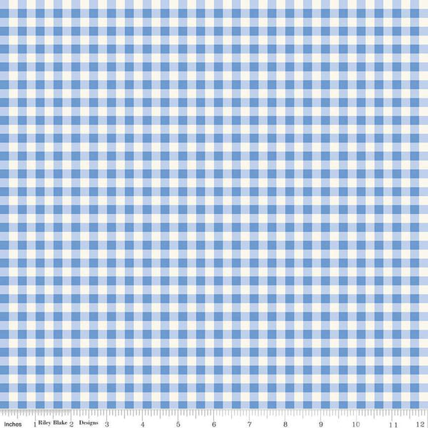 Image of Penelope Gingham Cream quilting cotton fabric by My Mind&#39;s Eye for Riley Blake Designs. Features plaid on a blue background. Cute Little Fabric Shop