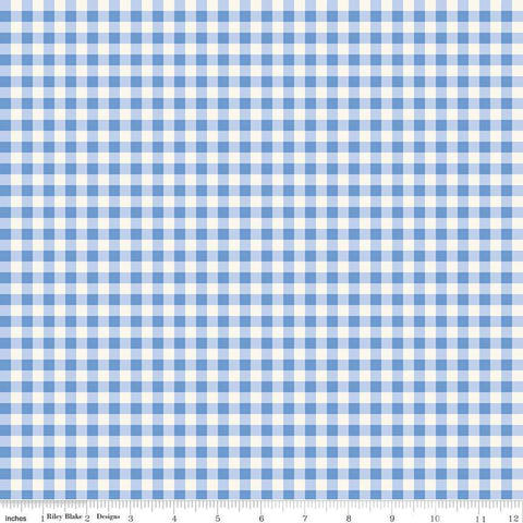 Image of Penelope Gingham Cream quilting cotton fabric by My Mind&#39;s Eye for Riley Blake Designs. Features plaid on a blue background. Cute Little Fabric Shop
