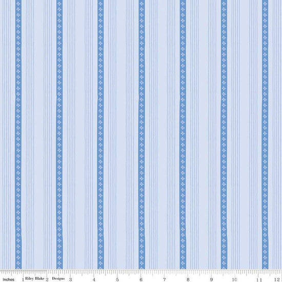 Image of Penelope Stripes Sky quilting cotton fabric by My Mind's Eye for Riley Blake Designs. Features stripes on a blue background. Cute Little Fabric Shop