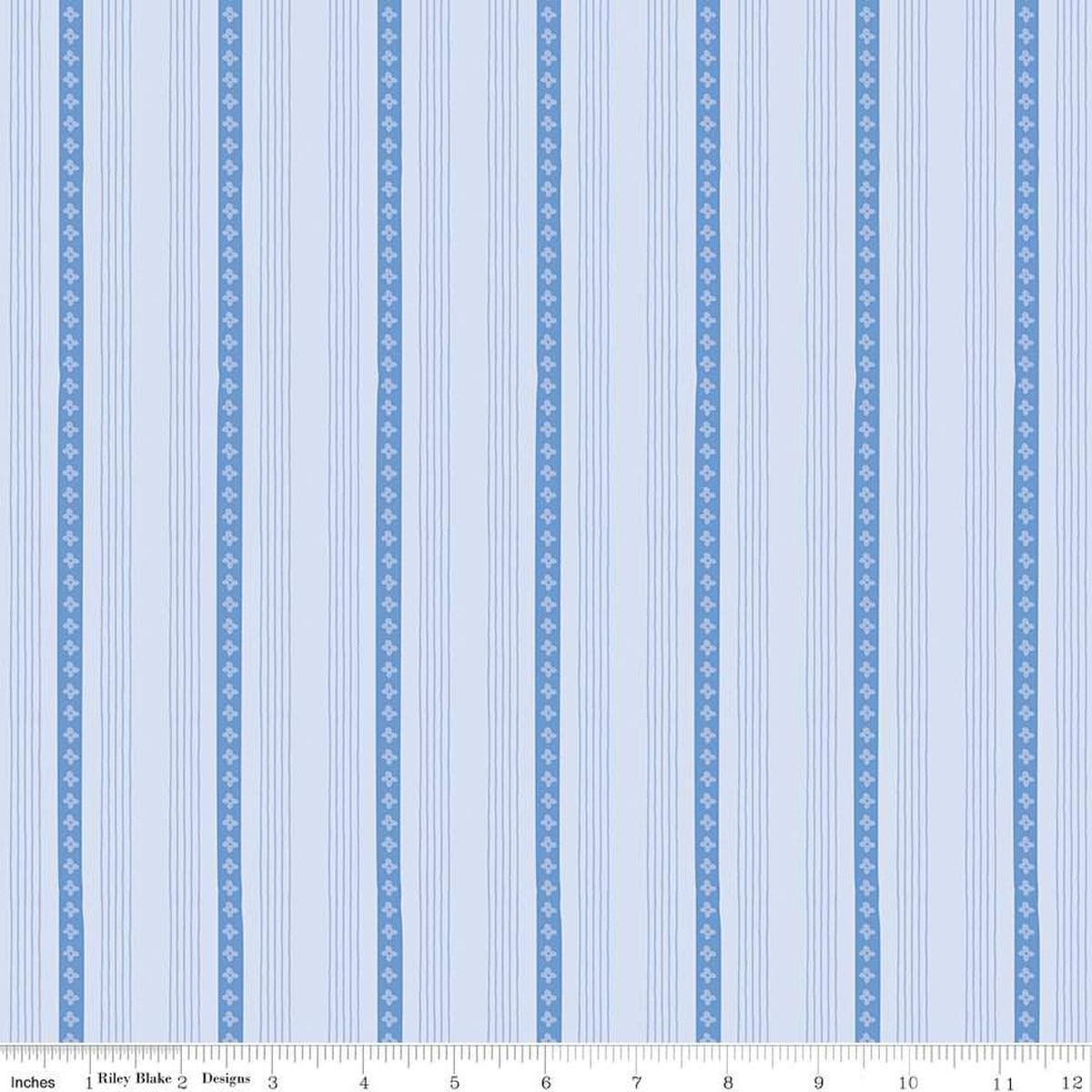 Image of Penelope Stripes Sky quilting cotton fabric by My Mind's Eye for Riley Blake Designs. Features stripes on a blue background. Cute Little Fabric Shop