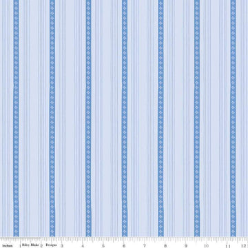 Image of Penelope Stripes Sky quilting cotton fabric by My Mind's Eye for Riley Blake Designs. Features stripes on a blue background. Cute Little Fabric Shop