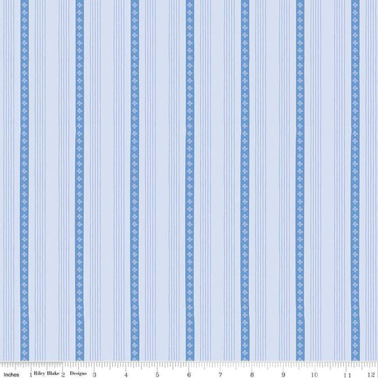 Image of Penelope Stripes Sky quilting cotton fabric by My Mind's Eye for Riley Blake Designs. Features stripes on a blue background. Cute Little Fabric Shop