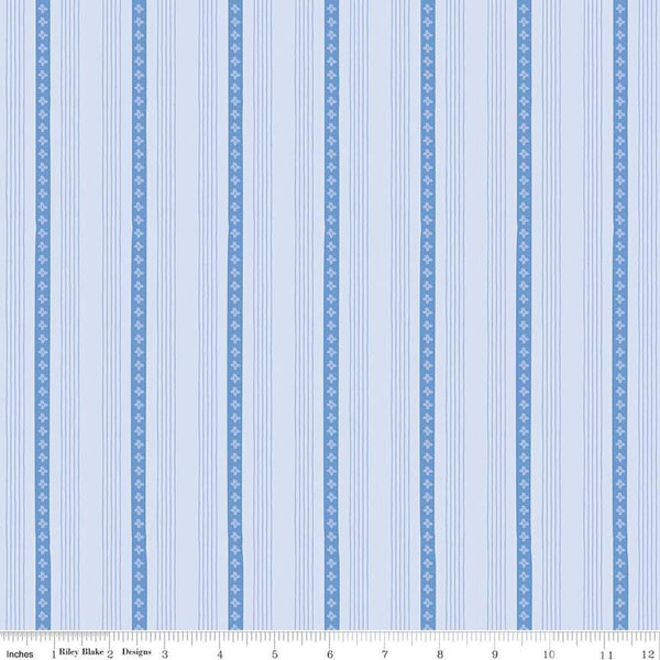 Image of Penelope Stripes Sky quilting cotton fabric by My Mind&#39;s Eye for Riley Blake Designs. Features stripes on a blue background. Cute Little Fabric Shop