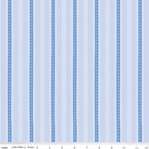 Image of Penelope Stripes Sky quilting cotton fabric by My Mind&#39;s Eye for Riley Blake Designs. Features stripes on a blue background. Cute Little Fabric Shop