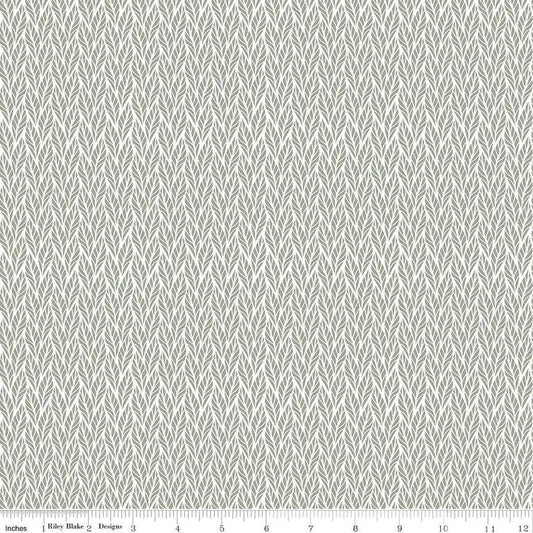 Image of the Evening on the Prairie Geo Leaves Green quilting cotton fabric by Modern Prairie for Riley Blake Designs. Features leaves on a green background. Cute Little Fabric Shop