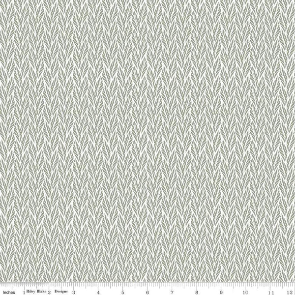 Image of the Evening on the Prairie Geo Leaves Green quilting cotton fabric by Modern Prairie for Riley Blake Designs. Features leaves on a green background. Cute Little Fabric Shop