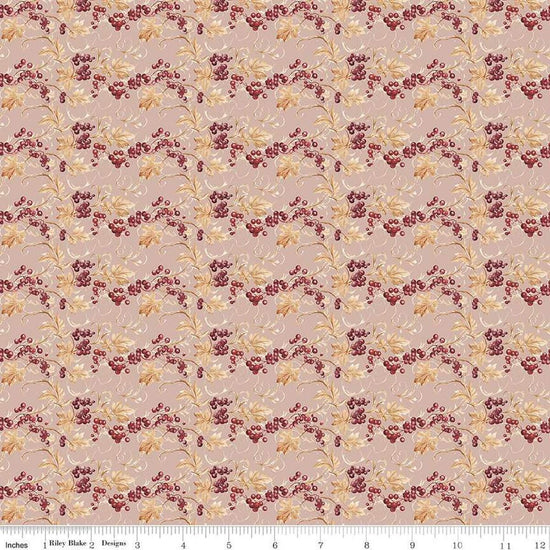 Image of the Evening on the Prairie Prairie Berries Blush quilting cotton fabric by Modern Prairie for Riley Blake Designs. Features leaves on a pink background. Cute Little Fabric Shop