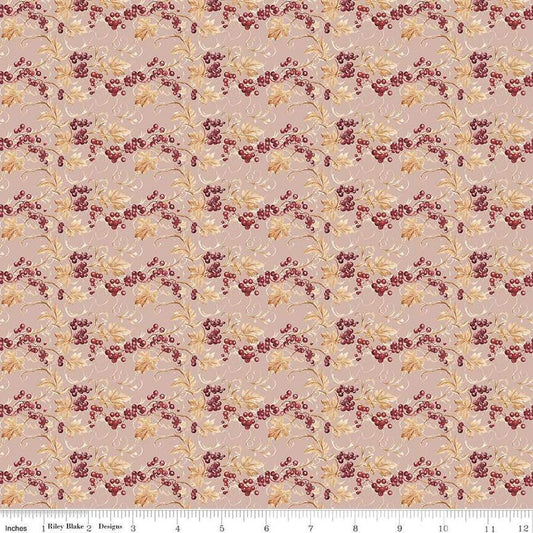 Image of the Evening on the Prairie Prairie Berries Blush quilting cotton fabric by Modern Prairie for Riley Blake Designs. Features leaves on a pink background. Cute Little Fabric Shop