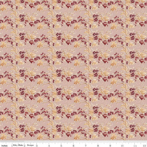 Image of the Evening on the Prairie Prairie Berries Blush quilting cotton fabric by Modern Prairie for Riley Blake Designs. Features leaves on a pink background. Cute Little Fabric Shop