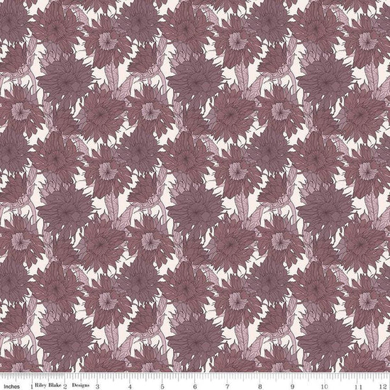 Image of the Evening on the Prairie Sunflower Grape quilting cotton fabric by Modern Prairie for Riley Blake Designs. Features flowers on a purple background. Cute Little Fabric Shop
