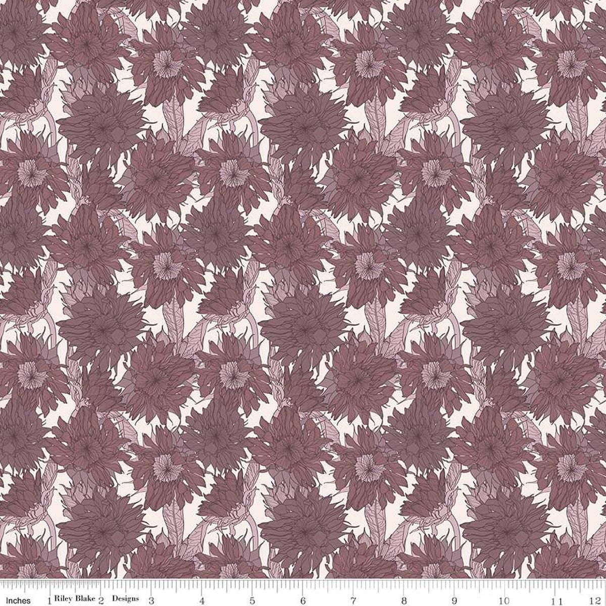 Image of the Evening on the Prairie Sunflower Grape quilting cotton fabric by Modern Prairie for Riley Blake Designs. Features flowers on a purple background. Cute Little Fabric Shop