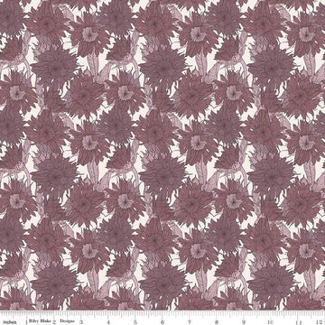 Image of the Evening on the Prairie Sunflower Grape quilting cotton fabric by Modern Prairie for Riley Blake Designs. Features flowers on a purple background. Cute Little Fabric Shop