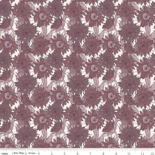 Image of the Evening on the Prairie Sunflower Grape quilting cotton fabric by Modern Prairie for Riley Blake Designs. Features flowers on a purple background. Cute Little Fabric Shop