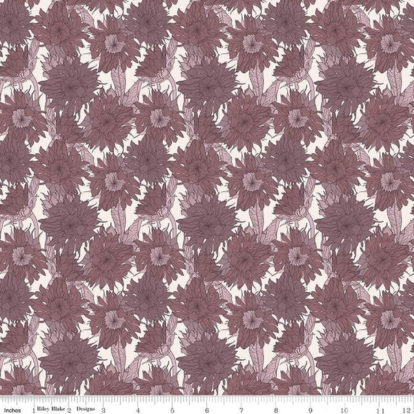 Image of the Evening on the Prairie Sunflower Grape quilting cotton fabric by Modern Prairie for Riley Blake Designs. Features flowers on a purple background. Cute Little Fabric Shop