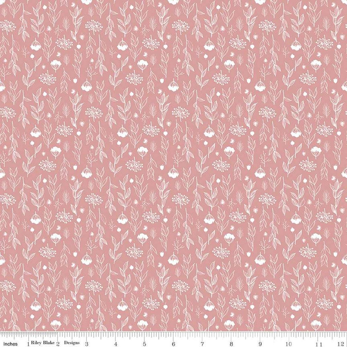 Image of the Evening on the Prairie Silhouette Floral Pink quilting cotton fabric by Modern Prairie for Riley Blake Designs. Features plants on a pink background. Cute Little Fabric Shop