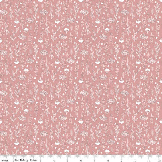 Image of the Evening on the Prairie Silhouette Floral Pink quilting cotton fabric by Modern Prairie for Riley Blake Designs. Features plants on a pink background. Cute Little Fabric Shop