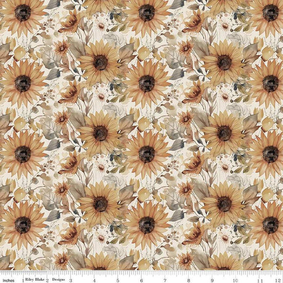 Image of the Evening on the Prairie Watercolor Sunflowers Cream quilting cotton fabric by Modern Prairie for Riley Blake Designs. Features flowers on an off-white background. Cute Little Fabric Shop