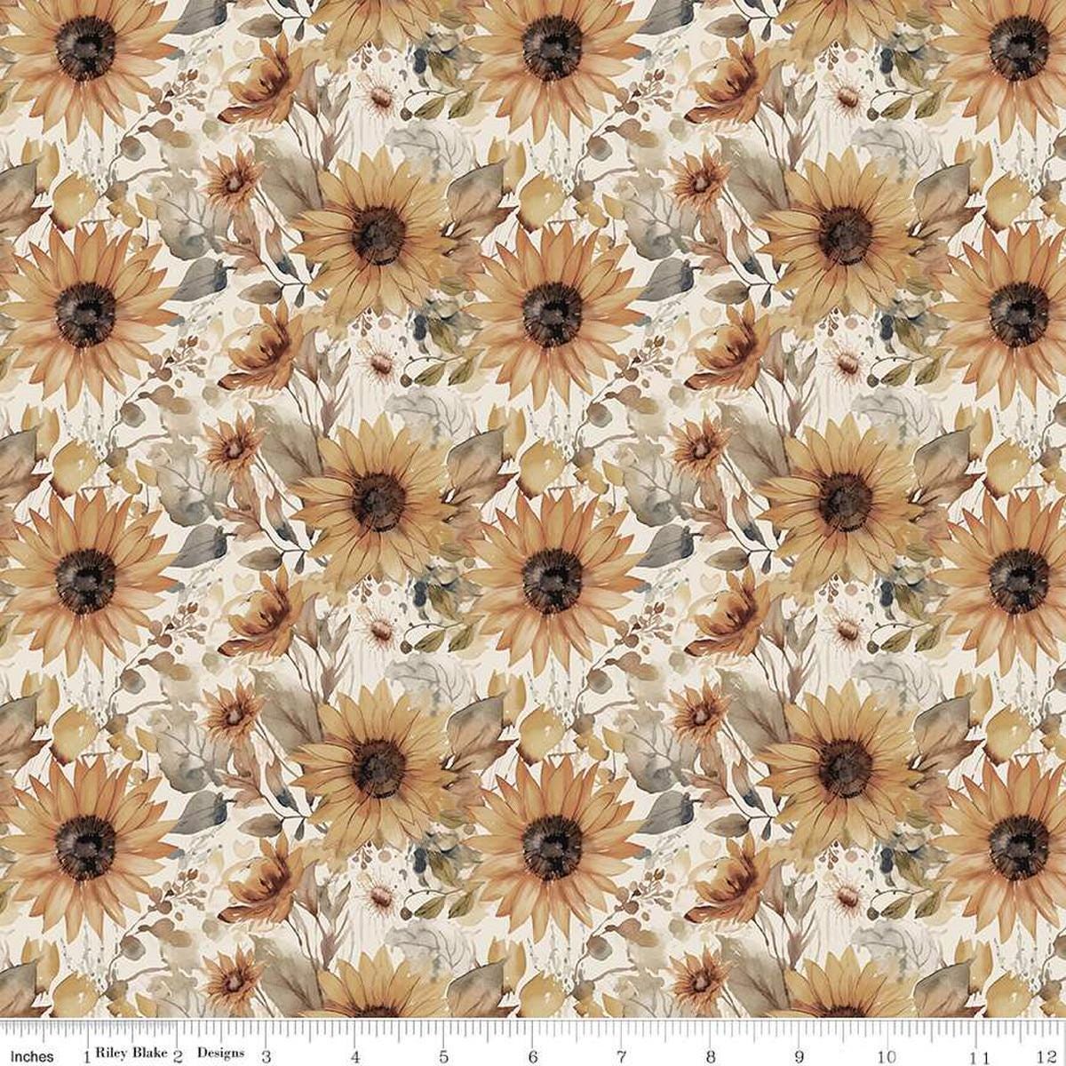 Image of the Evening on the Prairie Watercolor Sunflowers Cream quilting cotton fabric by Modern Prairie for Riley Blake Designs. Features flowers on an off-white background. Cute Little Fabric Shop