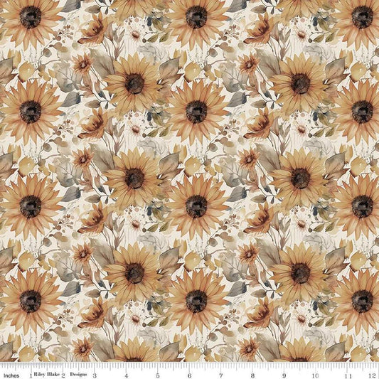 Image of the Evening on the Prairie Watercolor Sunflowers Cream quilting cotton fabric by Modern Prairie for Riley Blake Designs. Features flowers on an off-white background. Cute Little Fabric Shop