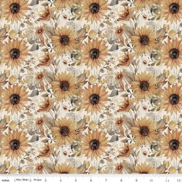 Image of the Evening on the Prairie Watercolor Sunflowers Cream quilting cotton fabric by Modern Prairie for Riley Blake Designs. Features flowers on an off-white background. Cute Little Fabric Shop