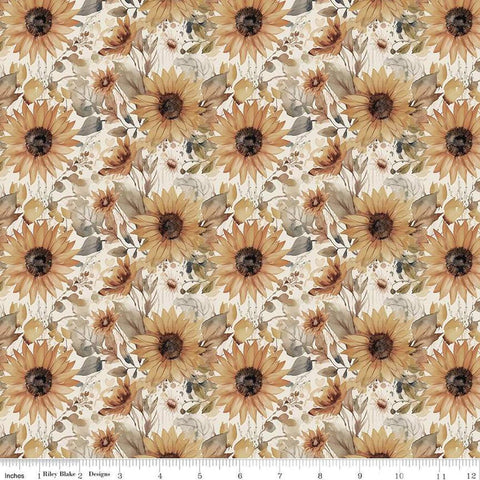 Image of the Evening on the Prairie Watercolor Sunflowers Cream quilting cotton fabric by Modern Prairie for Riley Blake Designs. Features flowers on an off-white background. Cute Little Fabric Shop