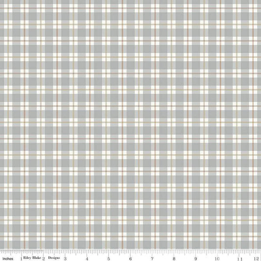 Image of the Evening on the Prairie Plaid Stone quilting cotton fabric by Modern Prairie for Riley Blake Designs. Features plaid on a gray background. Cute Little Fabric Shop
