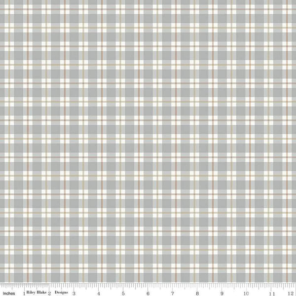 Image of the Evening on the Prairie Plaid Stone quilting cotton fabric by Modern Prairie for Riley Blake Designs. Features plaid on a gray background. Cute Little Fabric Shop