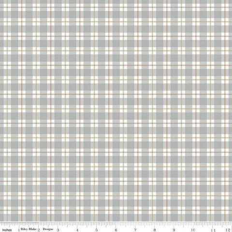 Image of the Evening on the Prairie Plaid Stone quilting cotton fabric by Modern Prairie for Riley Blake Designs. Features plaid on a gray background. Cute Little Fabric Shop