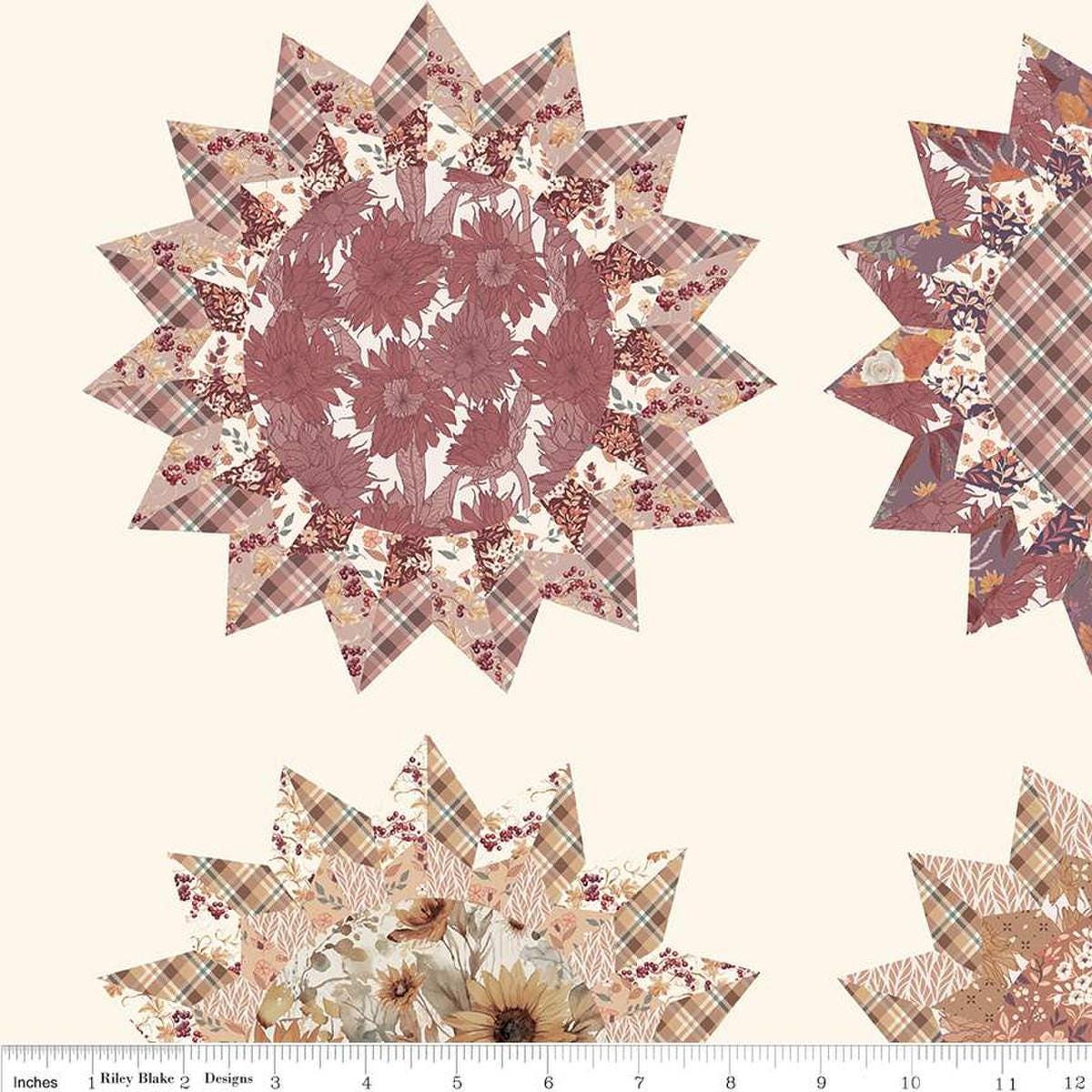 Image of the Evening on the Prairie Sunflowers Cheater Print Cream quilting cotton fabric by Modern Prairie for Riley Blake Designs. Features flowers on an off-white background. Cute Little Fabric Shop