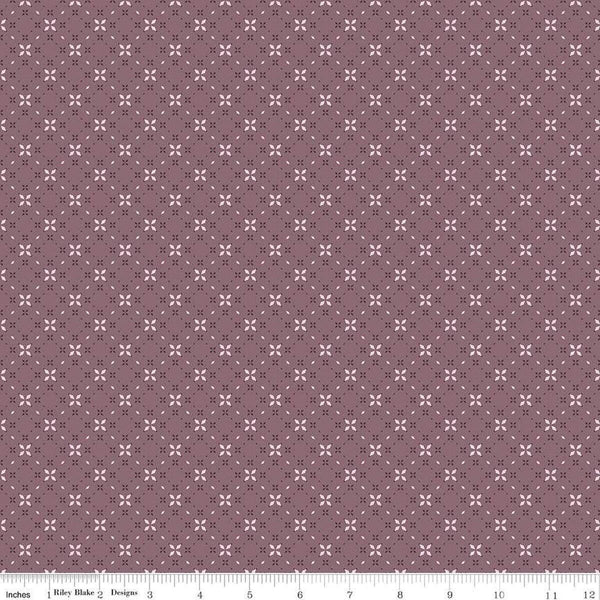 Image of the Evening on the Prairie Geo Floral Grape quilting cotton fabric by Modern Prairie for Riley Blake Designs. Features geometric designs on a purple background. Cute Little Fabric Shop