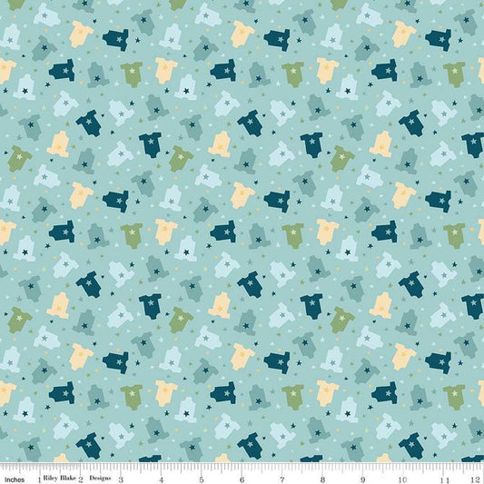 Image of the Baby Boy Onesies Blue quilting cotton fabric by Lori Whitlock for Riley Blake Designs. Features onesies on a blue background. Cute Little Fabric Shop
