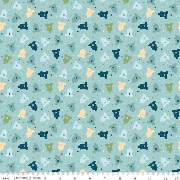 Image of the Baby Boy Onesies Blue quilting cotton fabric by Lori Whitlock for Riley Blake Designs. Features onesies on a blue background. Cute Little Fabric Shop