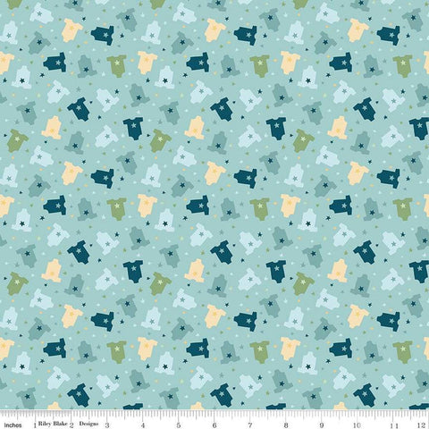 Image of the Baby Boy Onesies Blue quilting cotton fabric by Lori Whitlock for Riley Blake Designs. Features onesies on a blue background. Cute Little Fabric Shop