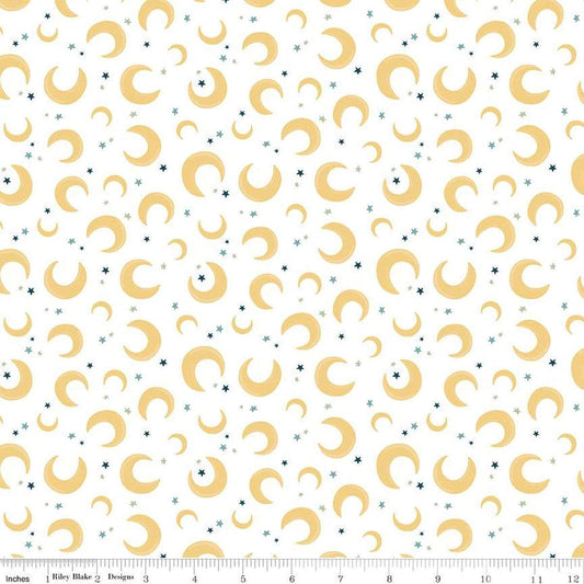 Image of the Baby Boy Moons White quilting cotton fabric by Lori Whitlock for Riley Blake Designs. Features moons on a white background. Cute Little Fabric Shop