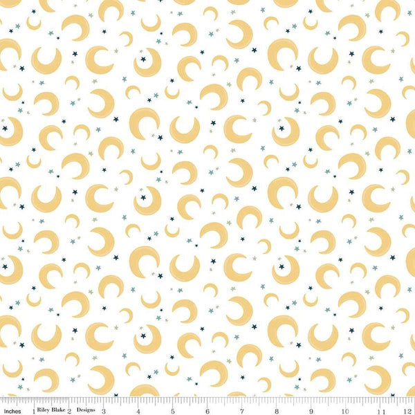 Image of the Baby Boy Moons White quilting cotton fabric by Lori Whitlock for Riley Blake Designs. Features moons on a white background. Cute Little Fabric Shop