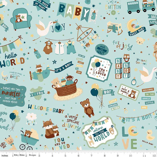 Image of the Baby Boy Main Blue quilting cotton fabric by Lori Whitlock for Riley Blake Designs. Features toys on a blue background. Cute Little Fabric Shop