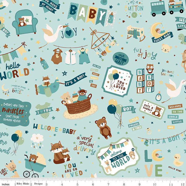 Image of the Baby Boy Main Blue quilting cotton fabric by Lori Whitlock for Riley Blake Designs. Features toys on a blue background. Cute Little Fabric Shop