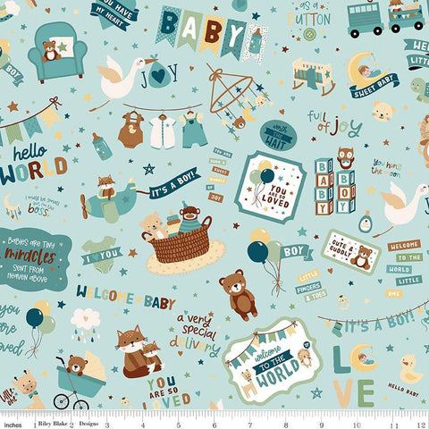 Image of the Baby Boy Main Blue quilting cotton fabric by Lori Whitlock for Riley Blake Designs. Features toys on a blue background. Cute Little Fabric Shop