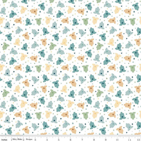 Image of the Baby Boy Onesies White quilting cotton fabric by Lori Whitlock for Riley Blake Designs. Features onesies on a white background. Cute Little Fabric Shop