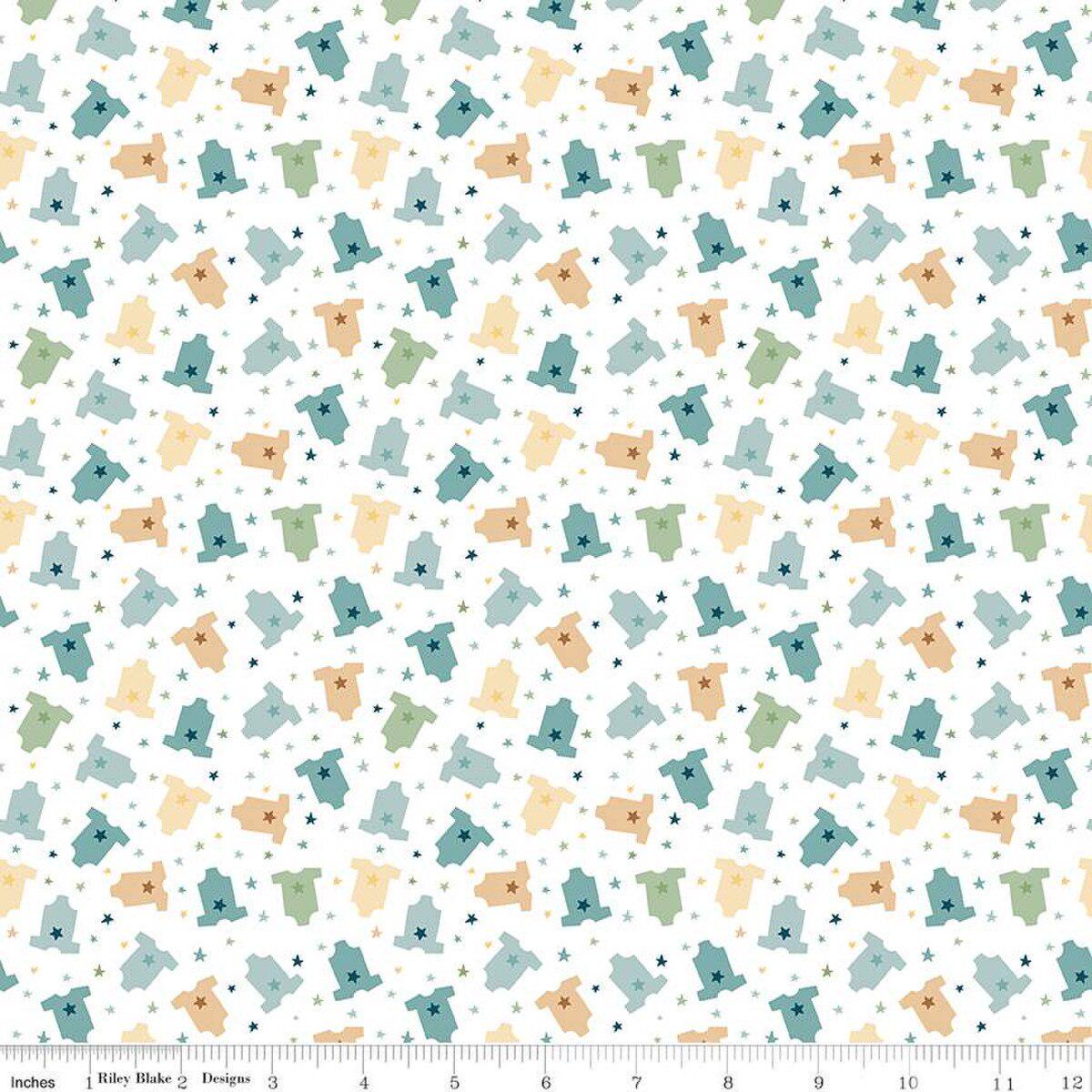 Image of the Baby Boy Onesies White quilting cotton fabric by Lori Whitlock for Riley Blake Designs. Features onesies on a white background. Cute Little Fabric Shop