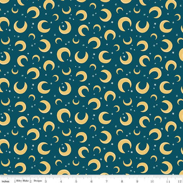 Image of the Baby Boy Moons Oxford quilting cotton fabric by Lori Whitlock for Riley Blake Designs. Features moons on a blue background. Cute Little Fabric Shop